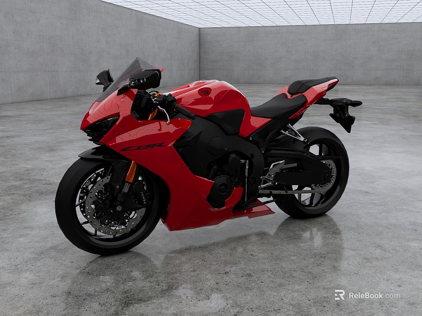 Red Sport Motorcycle with Black Seat and Modern Design in Indoor Gray Concrete Floor Setting 3d model 