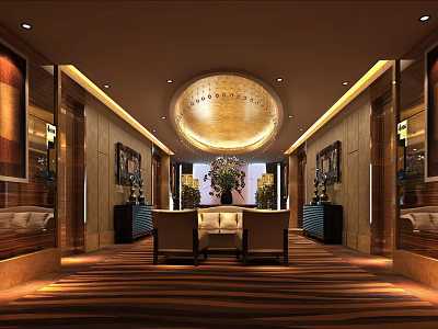 Elegant Hotel Public Lounge Area With Circular Ceiling Light Sofa Seating And Decorative Paintings 3d model