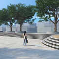 Urban Park Landscape With Tall Green Trees Stone Steps And Woman Walking