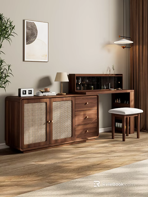 Walnut Dressing Table with Rattan Doors Drawers Lamp Stool White Cushion Plant and Wall Art 3d model 
