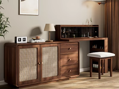 Walnut Dressing Table with Rattan Doors Drawers Lamp Stool White Cushion Plant and Wall Art 3d model