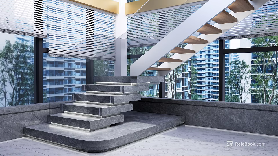 Modern Elegant Glass And Marble Staircase In High Rise Apartment With City View 3d model 