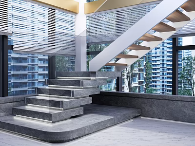 Modern Elegant Glass And Marble Staircase In High Rise Apartment With City View 3d model