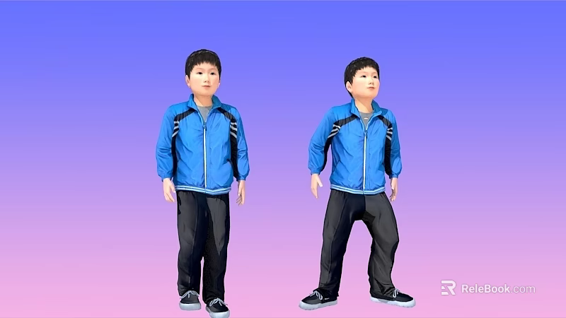 Two Kids Wearing Blue Jackets And Black Pants Standing On Gradient Background 3d model