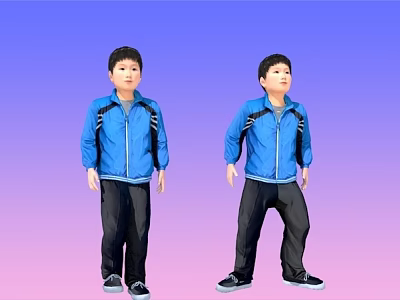 Two Kids Wearing Blue Jackets And Black Pants Standing On Gradient Background 3d model