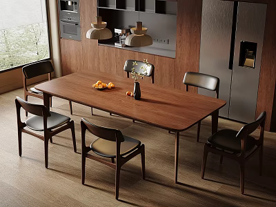Modern Restaurant Interior With Wooden Dining Table Black Chairs Pendant Lights And Fruit Decor 3d model