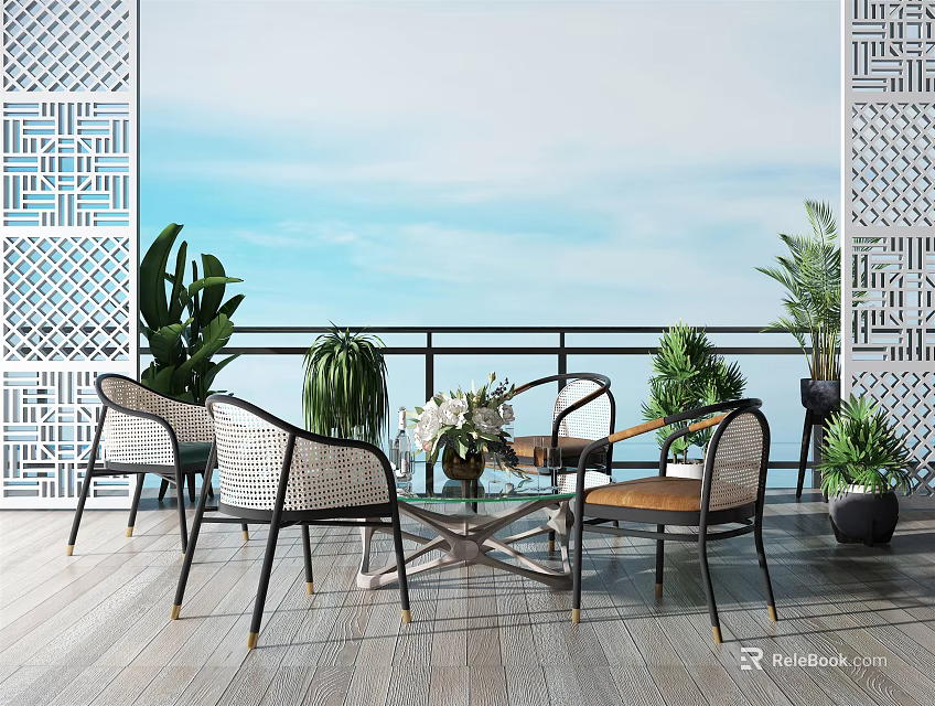 Outdoor Table Surrounded By Woven Chairs And Green Plants On Balcony With Railings And Sky 3d model 