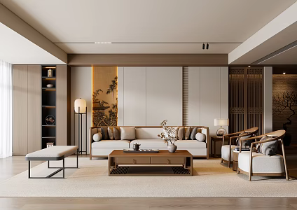 New Chinese Song Style Living Room Sofa Coffee Table Three-person Sofa Leisure Chair Floor Lamp 3d model