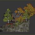 Miniature Scenic Model With Wooden House Autumn Trees Waterfall Bridge Gazebo And Green Car