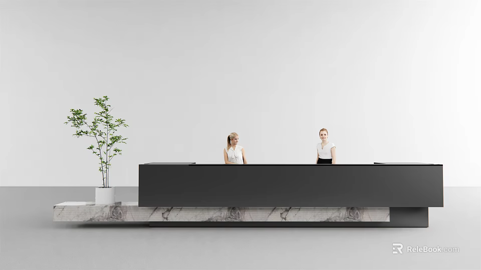 Modern Office Reception Desk With Marble Countertop And Green Plant Staff Behind 3d model 