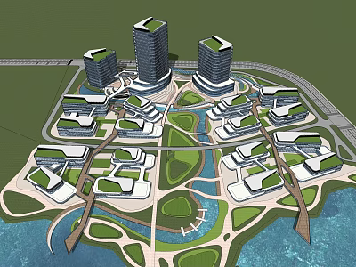 Modern High Rise Office Buildings With Green Spaces Water Features And Master Plan 3d model