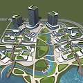 Modern High Rise Office Buildings With Green Spaces Water Features And Master Plan