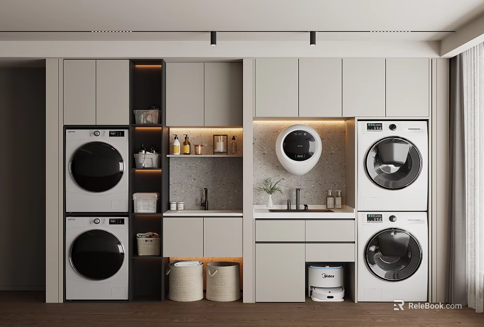 Modern Bathroom Cabinetry With Washer Dryer Storage Countertop Decorative Items And Ambient Lighting 3d model 