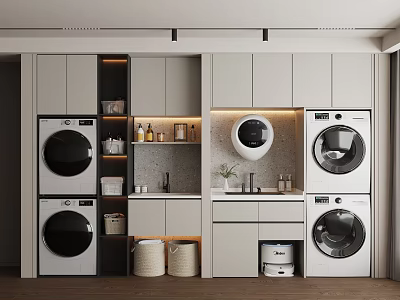 Modern Bathroom Cabinetry With Washer Dryer Storage Countertop Decorative Items And Ambient Lighting 3d model