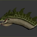 Green Spiked Mythical Creature Head With Scaly Texture Yellow Eyes And Red Tongue