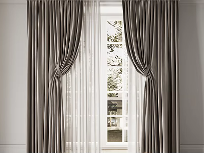 Elegant Dark Gray Velvet Curtains With White Sheer Panels For Window Interior Design 3d model