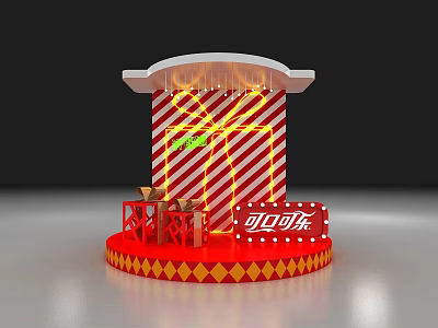 Festive Photo Check In Spot With Red White Stripes Gift Elements And Coca Cola Logo 3d model