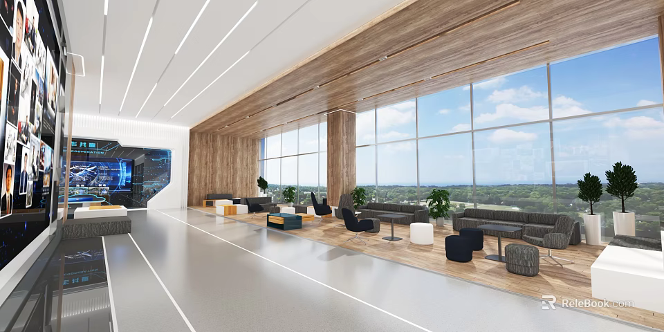 Modern Office Open Workspace With Large Windows Wooden Walls Sofas And Green Plants 3d model 