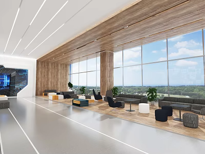 Modern Office Open Workspace With Large Windows Wooden Walls Sofas And Green Plants 3d model