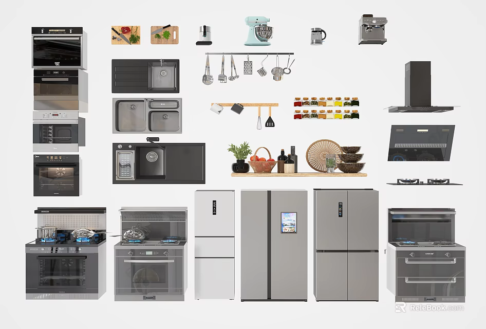 Modern Kitchen Appliances Collection Featuring Oven Microwave Refrigerator And Range Hood 3d model 
