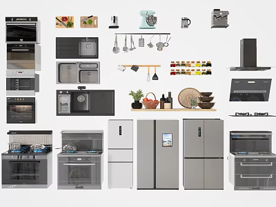 Modern Kitchen Appliances Collection Featuring Oven Microwave Refrigerator And Range Hood 3d model