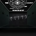Modern Time Space Art Gallery With Stone Walls Circular Neon Ceiling And Curved Installation