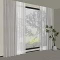 Room With Window Light Colored Curtains Green Trees View And Potted Plant On Wooden Floor