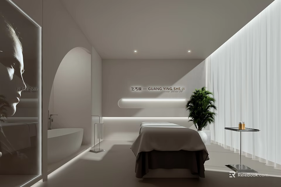 SPA Sauna Room With White Tone Lighting Design Massage Bed Bathtub And Green Plant 3d model 