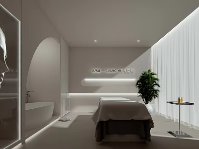 SPA Sauna Room With White Tone Lighting Design Massage Bed Bathtub And Green Plant 3d model