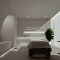 SPA Sauna Room With White Tone Lighting Design Massage Bed Bathtub And Green Plant