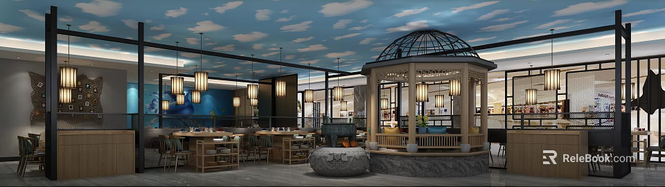 Traditional Chinese Hotpot Restaurant Interior With Lanterns Pavilion And Dining Tables Setup 3d model 