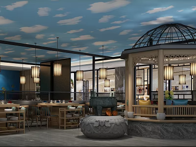Traditional Chinese Hotpot Restaurant Interior With Lanterns Pavilion And Dining Tables Setup 3d model