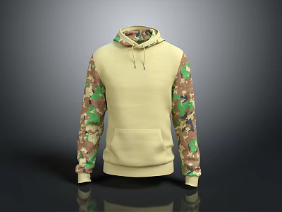 Stylish Beige Hoodie With Camouflage Sleeves Drawstring And Front Pocket Design 3d model