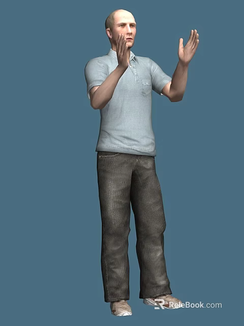 Game Film Character In Light Blue Short Sleeve T-shirt Dark Jeans Raised Hands Blue Background 3d model 