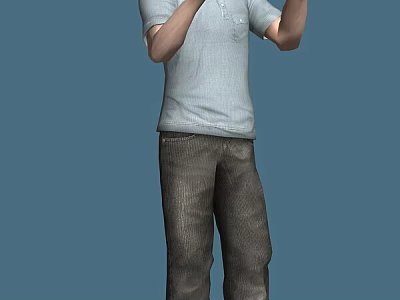Game Film Character In Light Blue Short Sleeve T-shirt Dark Jeans Raised Hands Blue Background 3d model
