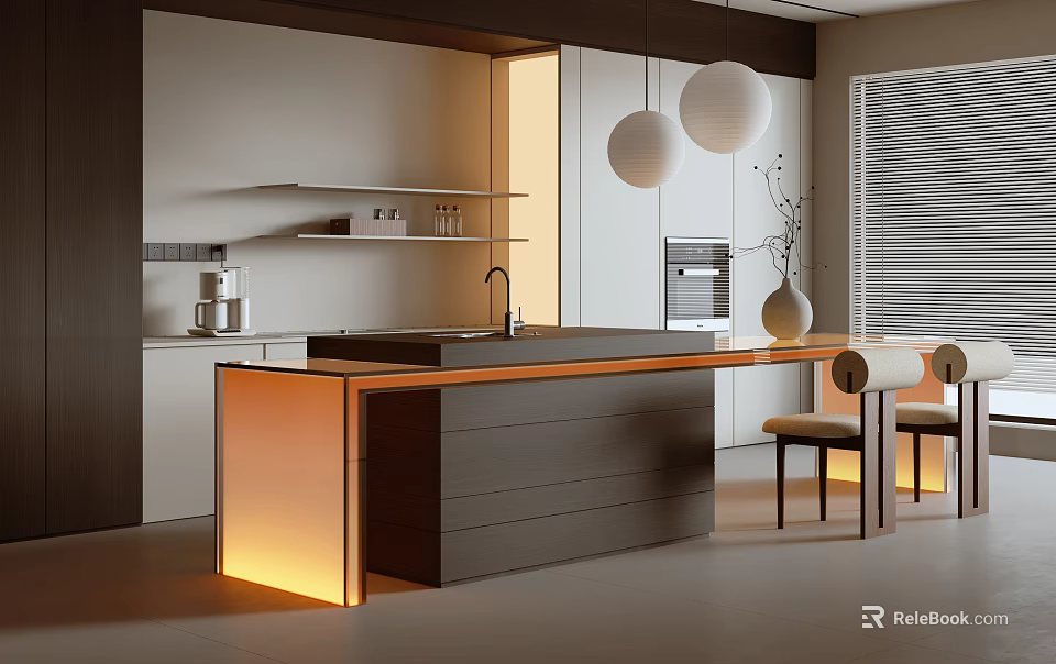Modern Restaurant Open Kitchen With Pendant Lights Illuminated Island Counter Cabinets And Chairs 3d model 