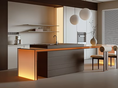 Modern Restaurant Open Kitchen With Pendant Lights Illuminated Island Counter Cabinets And Chairs 3d model