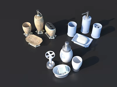 Bathroom Accessories Set With Soap Dispensers Cups Toothbrush Holders Soap Dishes And Woven White Textures 3d model