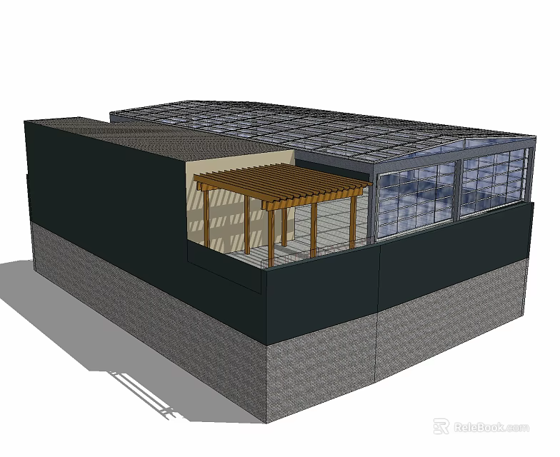 Modern Building Exterior Featuring Wooden Pergola Large Glass Windows Stone Base And Dark Walls 3d model 