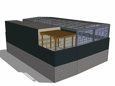 Modern Building Exterior Featuring Wooden Pergola Large Glass Windows Stone Base And Dark Walls 3d model