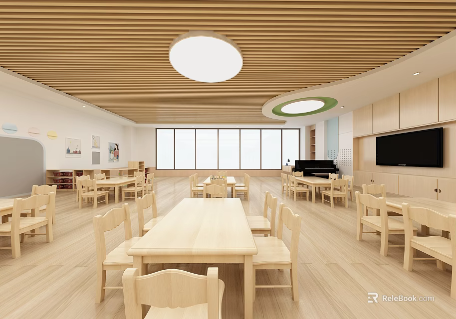 School Cafeteria With Bright Interior Wooden Tables Chairs Large Windows And Piano 3d model 