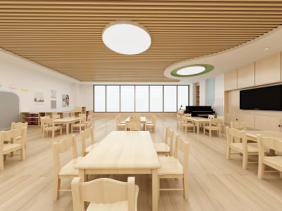School Cafeteria With Bright Interior Wooden Tables Chairs Large Windows And Piano 3d model