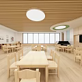 School Cafeteria With Bright Interior Wooden Tables Chairs Large Windows And Piano