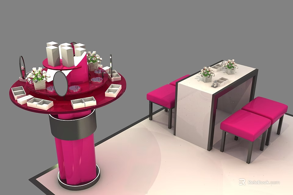 Functional Beauty Makeup Table with Round and Rectangular Design Cosmetics Mirrors Vases and Pink Stools 3d model