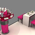 Functional Beauty Makeup Table with Round and Rectangular Design Cosmetics Mirrors Vases and Pink Stools 3d model