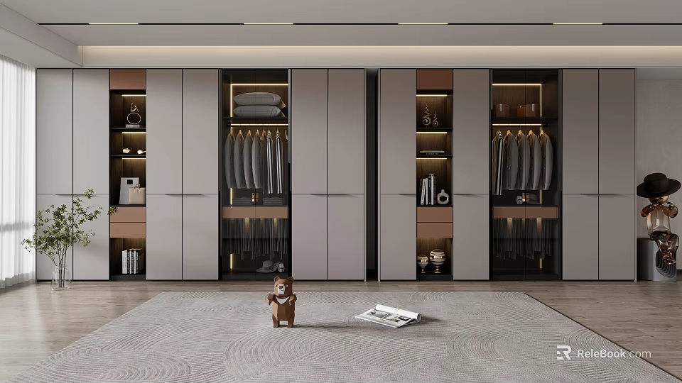 Modern Built in Wardrobe Interior With Hanging Rods Shelves And Ambient Lighting 3d model 
