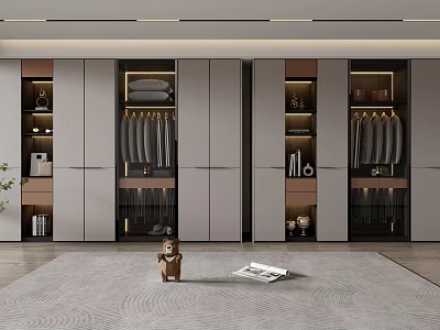 Modern Built in Wardrobe Interior With Hanging Rods Shelves And Ambient Lighting 3d model