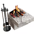 Stone Fireplace With Burning Flames And Black Fireplace Tool Set Design 3d model
