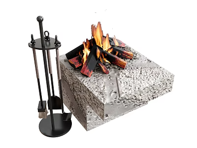 Stone Fireplace With Burning Flames And Black Fireplace Tool Set Design 3d model