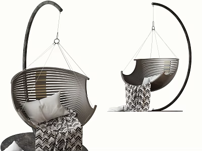 Modern Curved Stand Swing Chair With Perforated Design White Pillow And Chevron Blanket 3d model